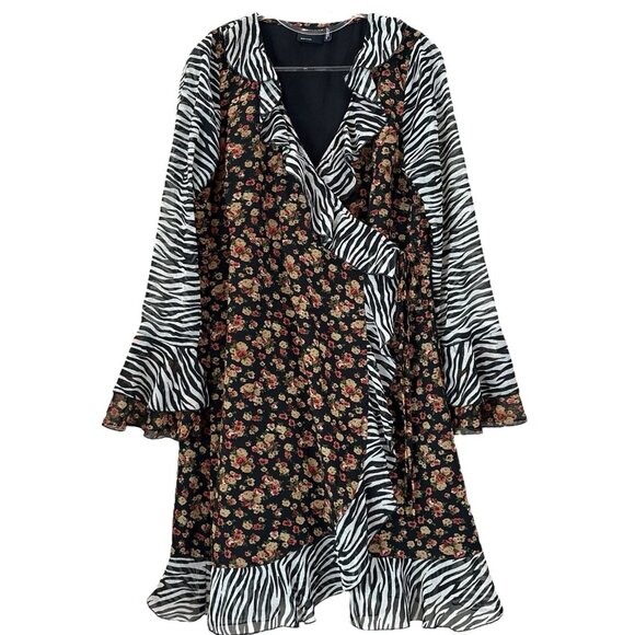 ASOS Floral Ditsy Zebra Print Ruffle Wrap Bell Sleeve Dress Tan Black Size US 10 - Picture 1 of 13